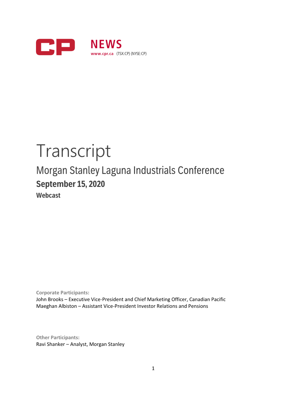 Transcript Morgan Stanley Laguna Industrials Conference September 15, 2020 Webcast