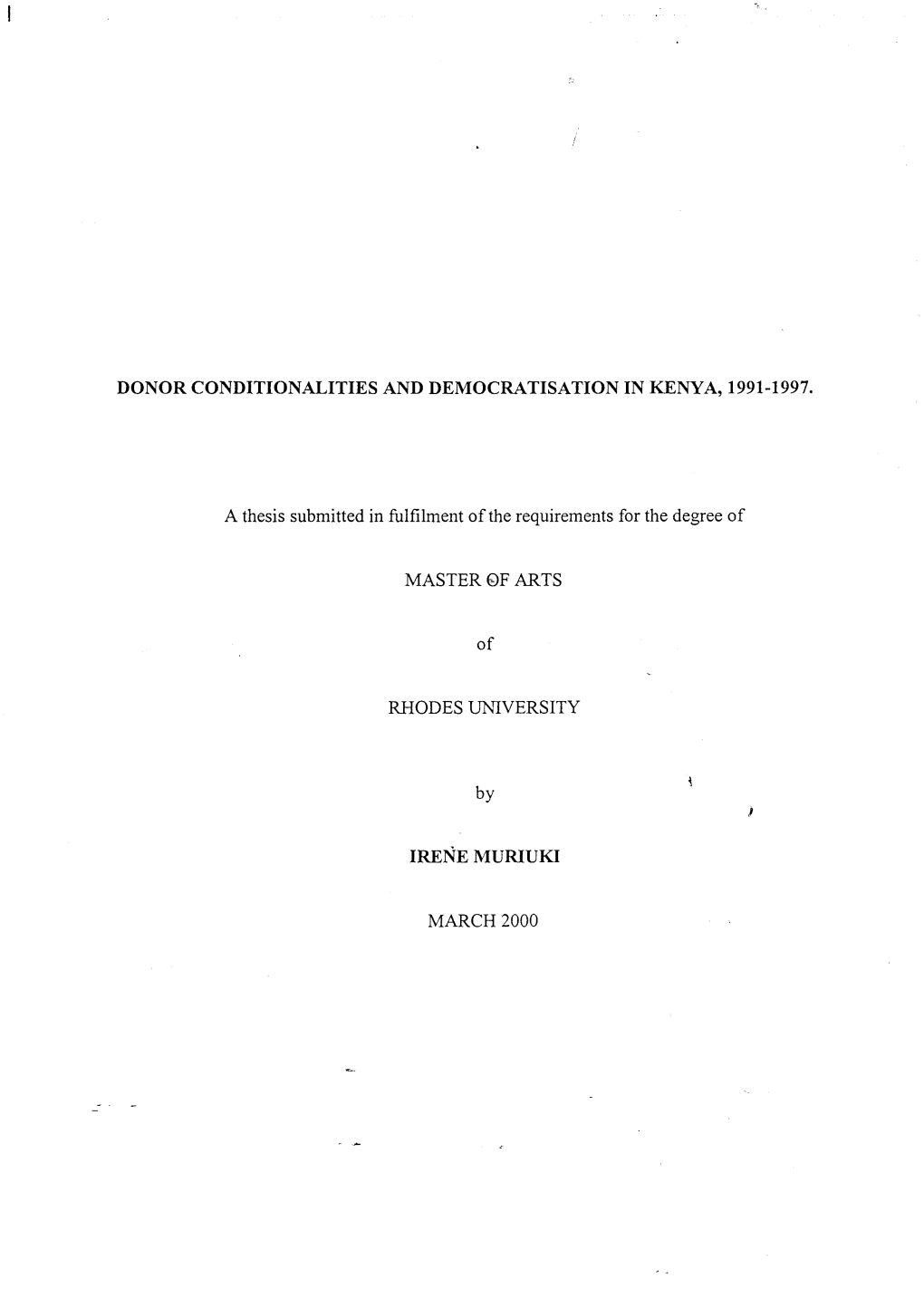 Donor Conditionalities and Democratisation in Kenya, 1991-1997