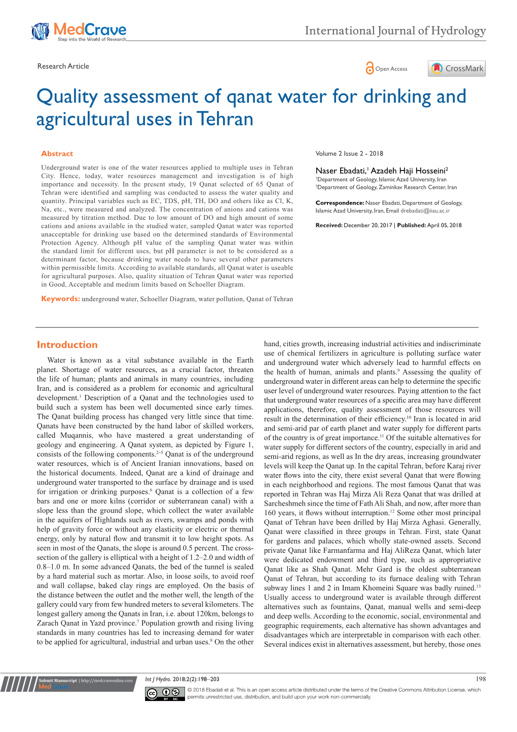 Quality Assessment of Qanat Water for Drinking and Agricultural Uses in Tehran