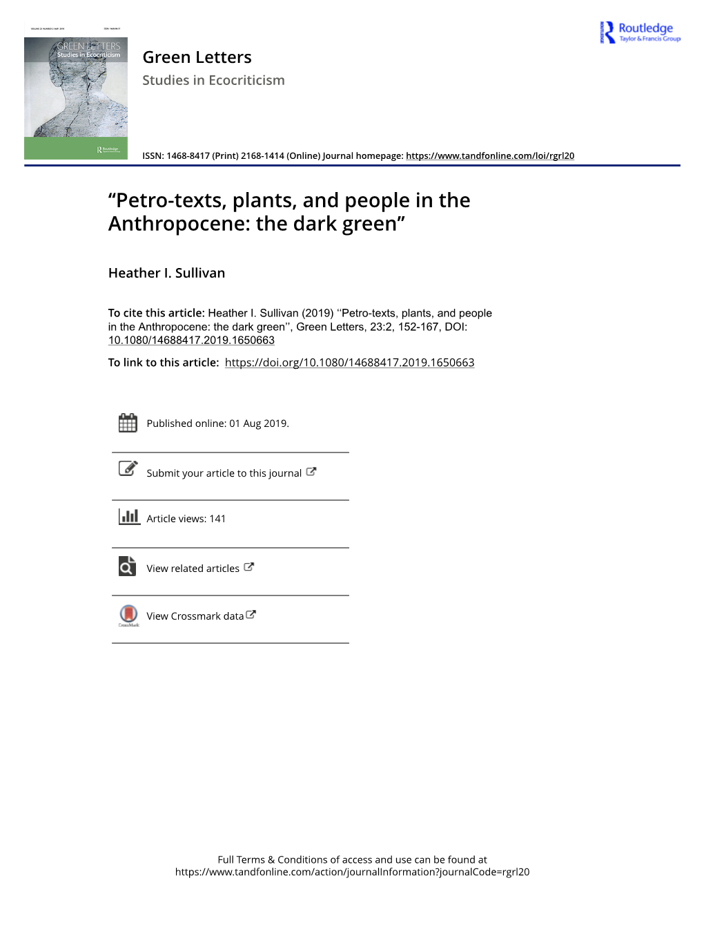 ''Petro-Texts, Plants, and People in the Anthropocene: the Dark Green''