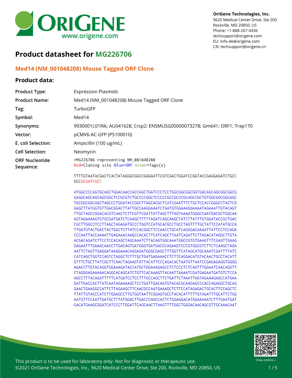 Med14 (NM 001048208) Mouse Tagged ORF Clone Product Data