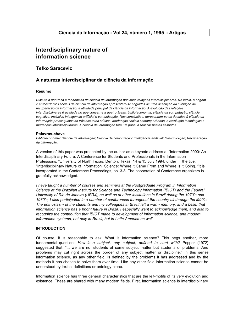 Interdisciplinary Nature of Information Science