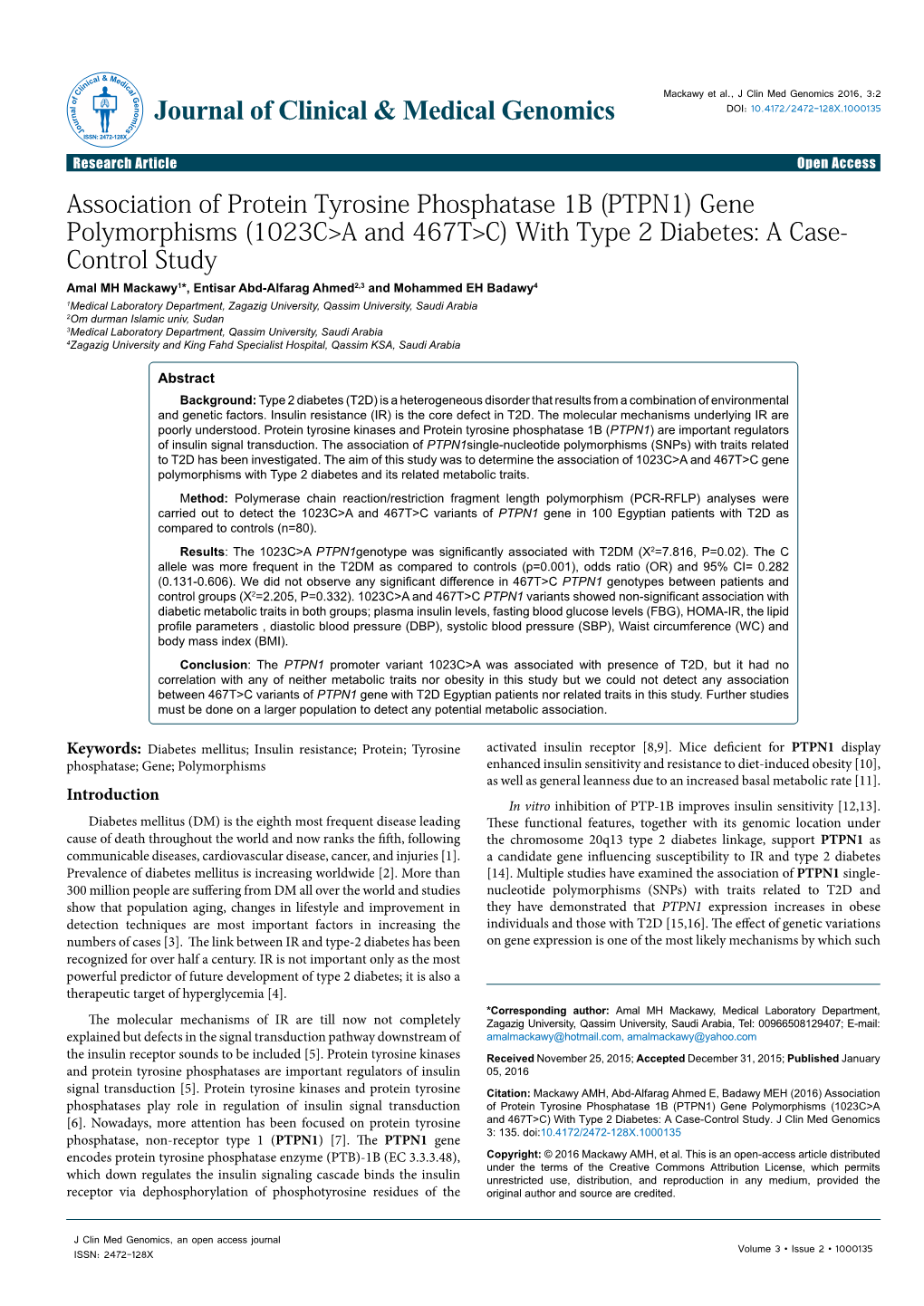 Association of Protein Tyrosine Phosphatase 1B (PTPN1) Gene