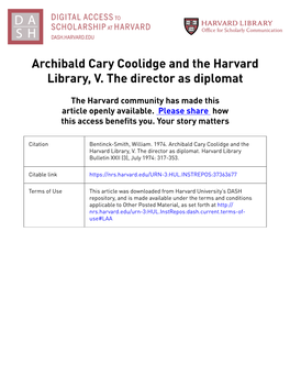 Archibald Cary Coolidge and the Harvard Library, V. the Director As Diplomat