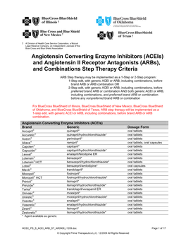 (Aceis) and Angiotensin II Receptor Antagonists (Arbs), and Combinations Step Therapy Criteria