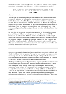 EXPLORING the ISSUE of CITIZENSHIP in RAKHINE STATE Derek Tonkin Abstract There Are Over One Million Muslims in Rakhine State Whose Legal Status Is Obscure