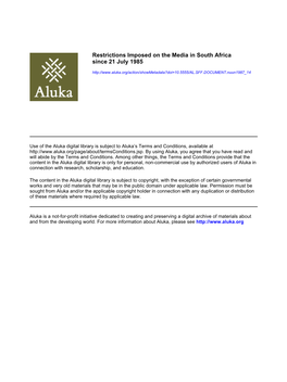 Restrictions Imposed on the Media in South Africa Since 21 July 1985
