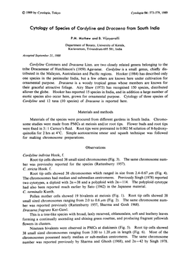 Cytology of Species of Cordyline and Dracaena from South India