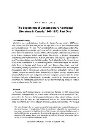 The Beginnings of Contemporary Aboriginal Literature in Canada 1967-1972: Part One1