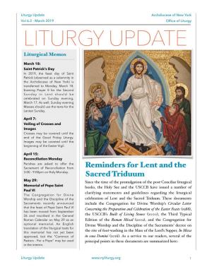 Liturgy Update Archdiocese of New York Vol 6.2 - March 2019 Ofﬁce of Liturgy LITURGY UPDATE Liturgical Memos