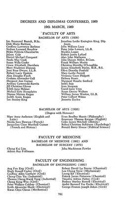DEGREES and DIPLOMAS CONFERRED, 1969 19Th MARCH, 1969 ' FACULTY of ARTS BACHELOR of ARTS (1858) Ian Raymond Barrah, B.Sc