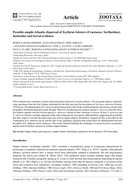 Possible Amphi-Atlantic Dispersal of Scyllarus Lobsters (Crustacea: Scyllaridae): Molecular and Larval Evidence