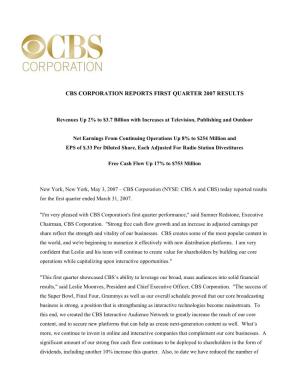 Cbs Corporation Reports First Quarter 2007 Results
