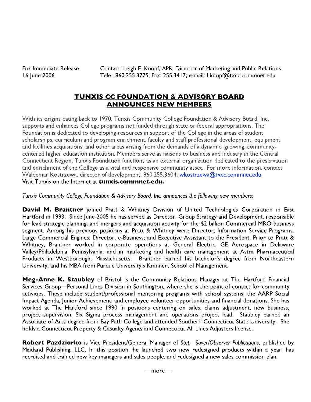 Tunxis Cc Foundation & Advisory Board Announces