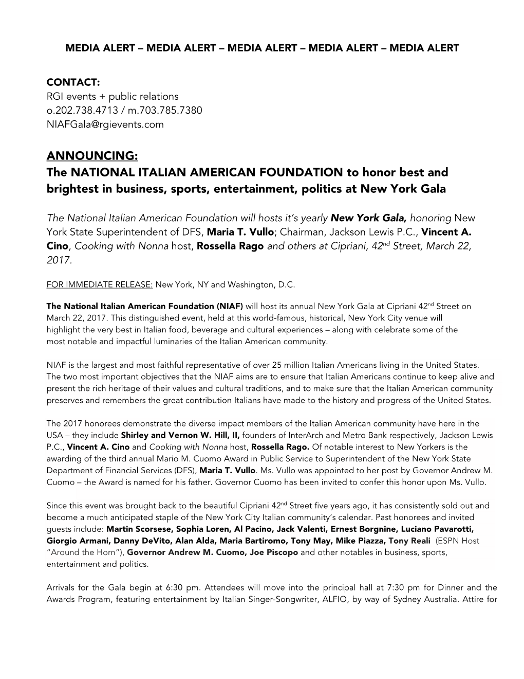 The NATIONAL ITALIAN AMERICAN FOUNDATION to Honor Best and Brightest in Business, Sports, Entertainment, Politics at New York Gala
