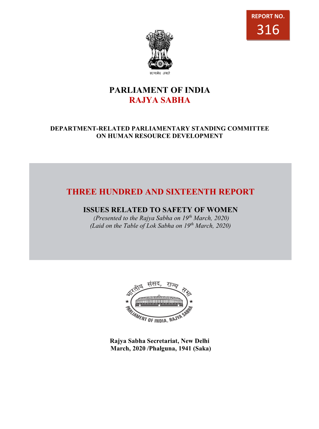 Parliament of India Rajya Sabha Three Hundred and Sixteenth Report