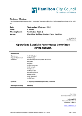 8 February 2012 Time: 9.30 Am Meeting Room: Committee Room 1 Venue: Municipal Building, Garden Place, Hamilton