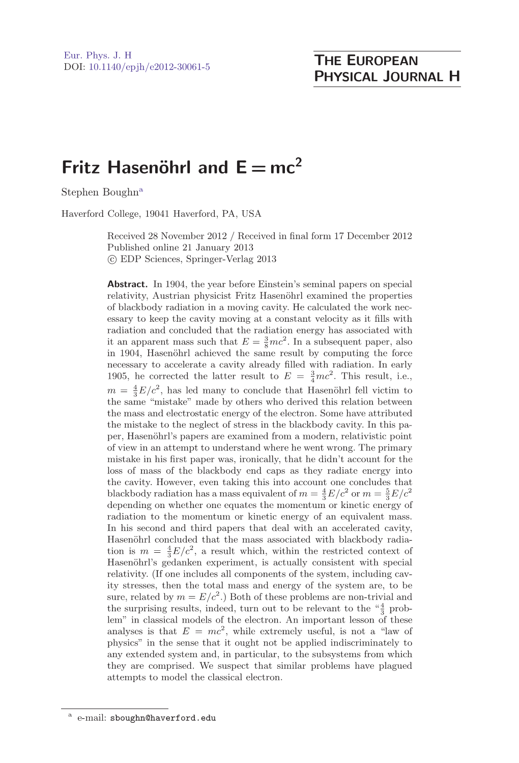 Fritz Hasenöhrl and E=Mc2