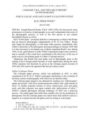 Gallic Acid and Talbot's Calotype Patent (J. B. Reade, Part