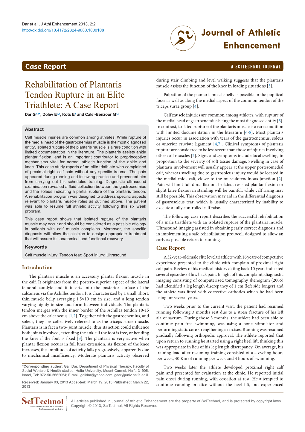 Rehabilitation of Plantaris Tendon Rupture in an Elite Triathlete: a Case Report