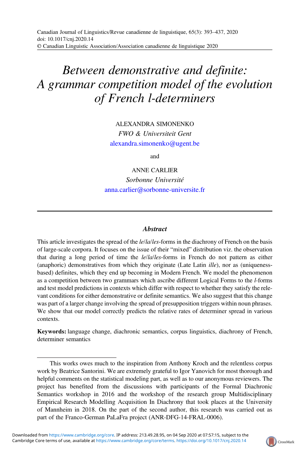 Between Demonstrative and Definite: a Grammar Competition Model of the Evolution of French L-Determiners