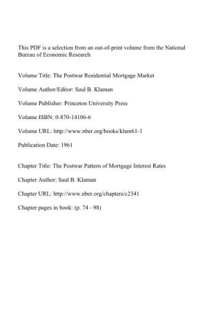 The Postwar Pattern of Mortgage Interest Rates