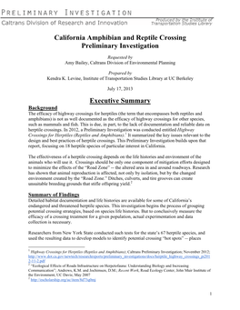 California Amphibian and Reptile Crossing Preliminary Investigation