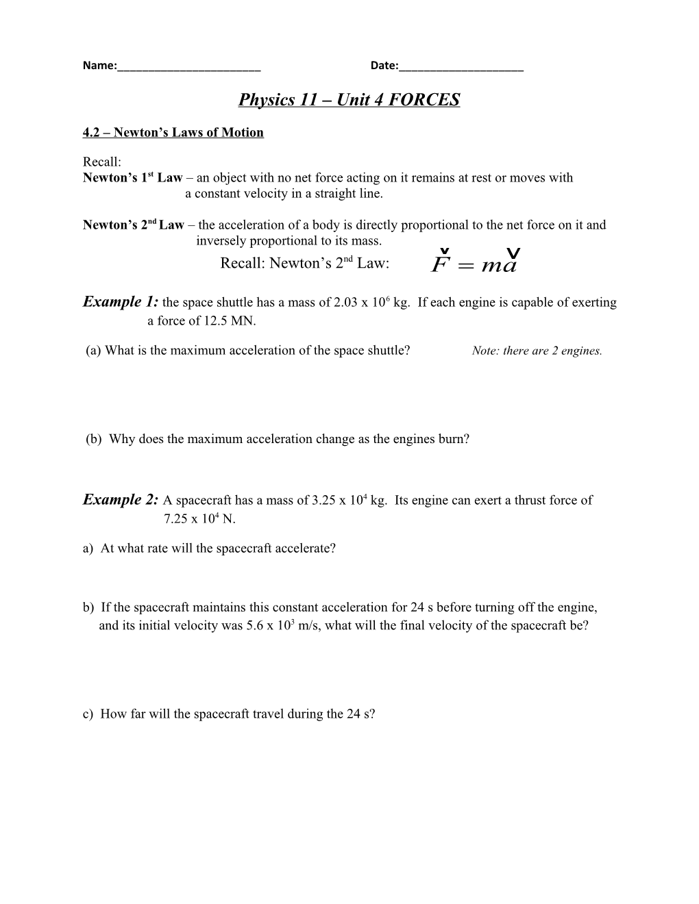 Physics 11 Unit 4 FORCES