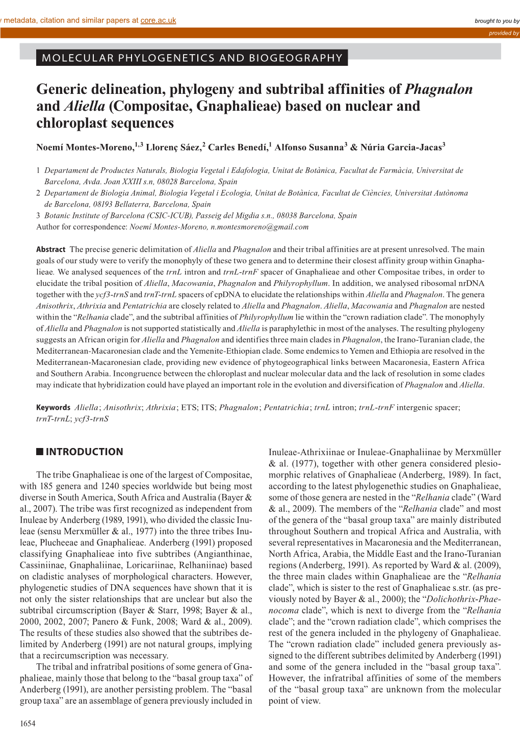 Compositae, Gnaphalieae) Based on Nuclear and Chloroplast Sequences