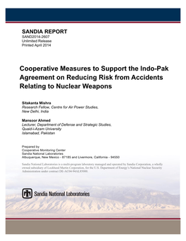 Cooperative Measures to Support the Indo-Pak Agreement Reducing Risk