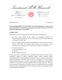 PRESS RELEASE 24 April 2009 the SHAREHOLDERS OF