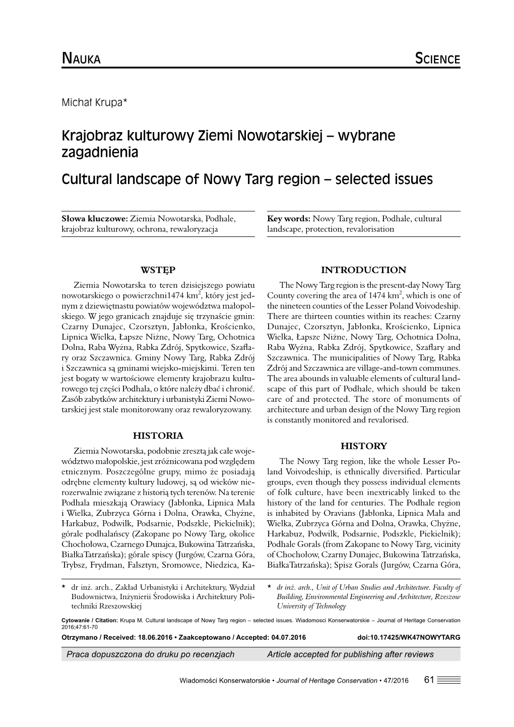 Krajobraz Kulturowy Ziemi Nowotarskiej – Wybrane Zagadnienia Cultural Landscape of Nowy Targ Region – Selected Issues