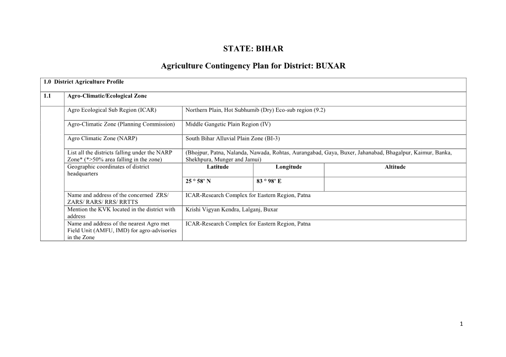 STATE: BIHAR Agriculture Contingency Plan for District: BUXAR