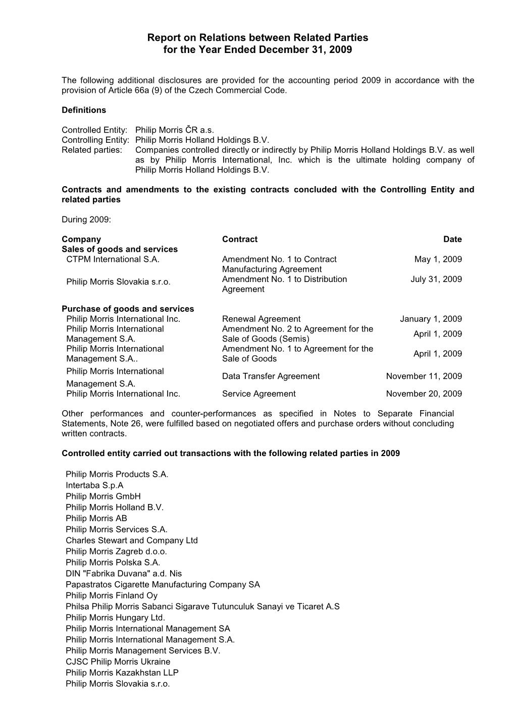 Report on Relations Between Related Parties 2009