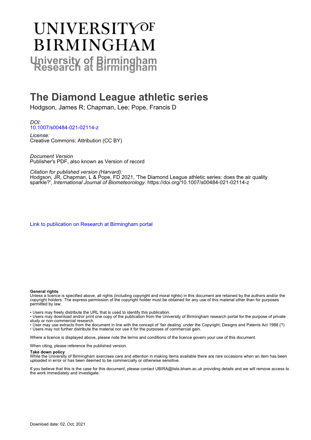 The Diamond League Athletic Series Hodgson, James R; Chapman, Lee; Pope, Francis D