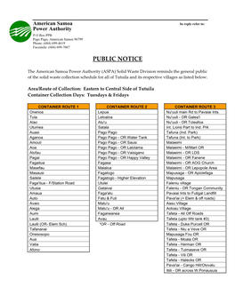 Solid Waste Collection Schedule for All of Tutuila and Its Respective Villages As Listed Below