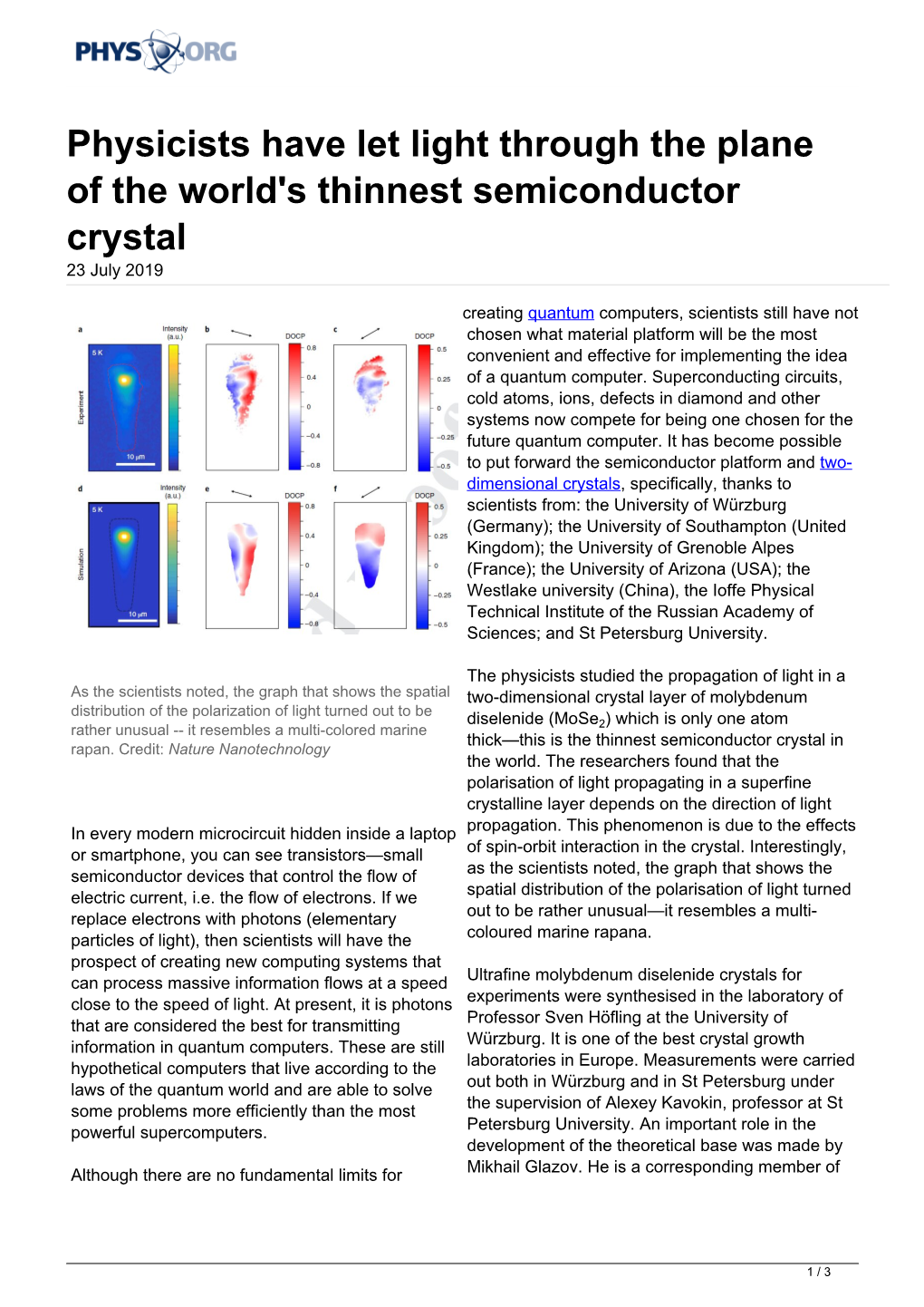 Physicists Have Let Light Through the Plane of the World's Thinnest Semiconductor Crystal 23 July 2019