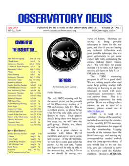July 2015 Published by the Friends of the Observatory (FOTO) Volume 26 No