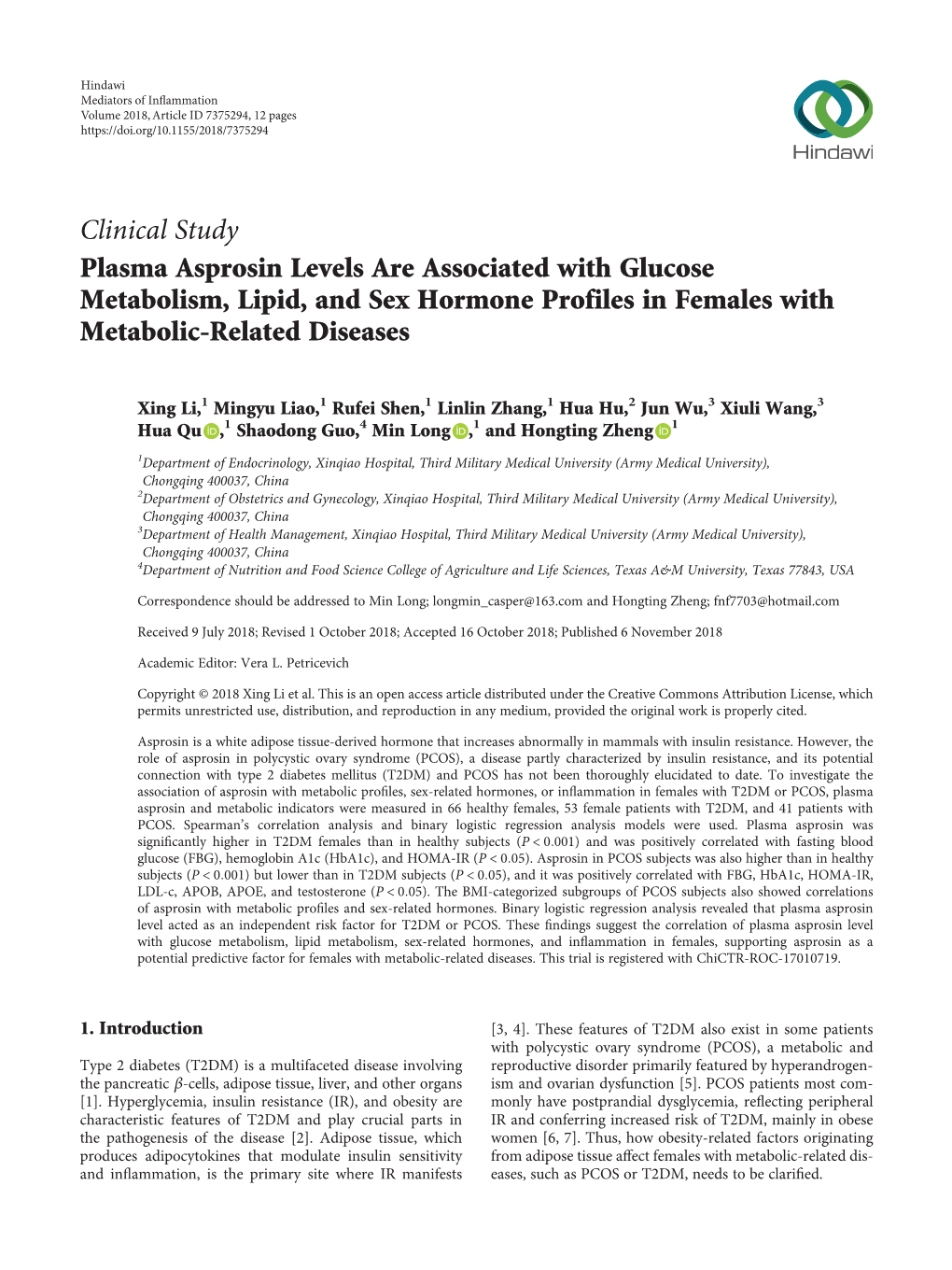 Clinical Study Plasma Asprosin Levels Are Associated with Glucose Metabolism, Lipid, and Sex Hormone Profiles in Females with Metabolic-Related Diseases
