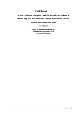 A Description of Humpback Whale Behaviour Patterns in Nickol Bay Western Australia Using Vessel Based Surveys