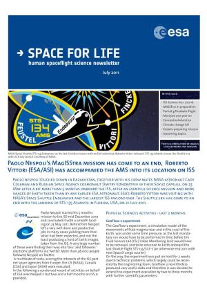 SPACE for LIFE Human Spaceflight Science Newsletter July 2011
