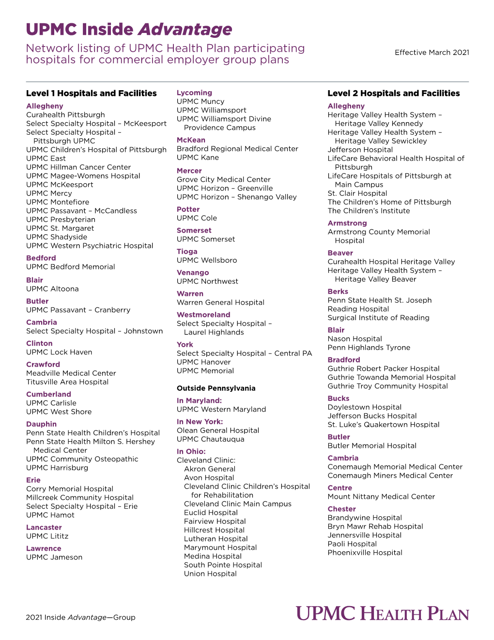 UPMC Inside Advantage Network Listing