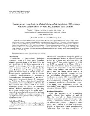 Richelia Intracellularis)-Diatom (Rhizosolenia Hebetata) Consortium in the Palk Bay, Southeast Coast of India