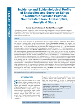 Incidence and Epidemiological Profile of Snakebites and Scorpion Stings in Northern Khuzestan Province, Southwestern Iran: a Descriptive, Analytical Study