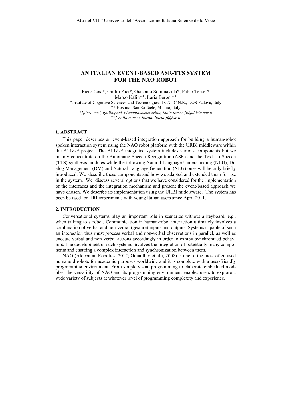 An Italian Event-Based Asr-Tts System for the Nao Robot