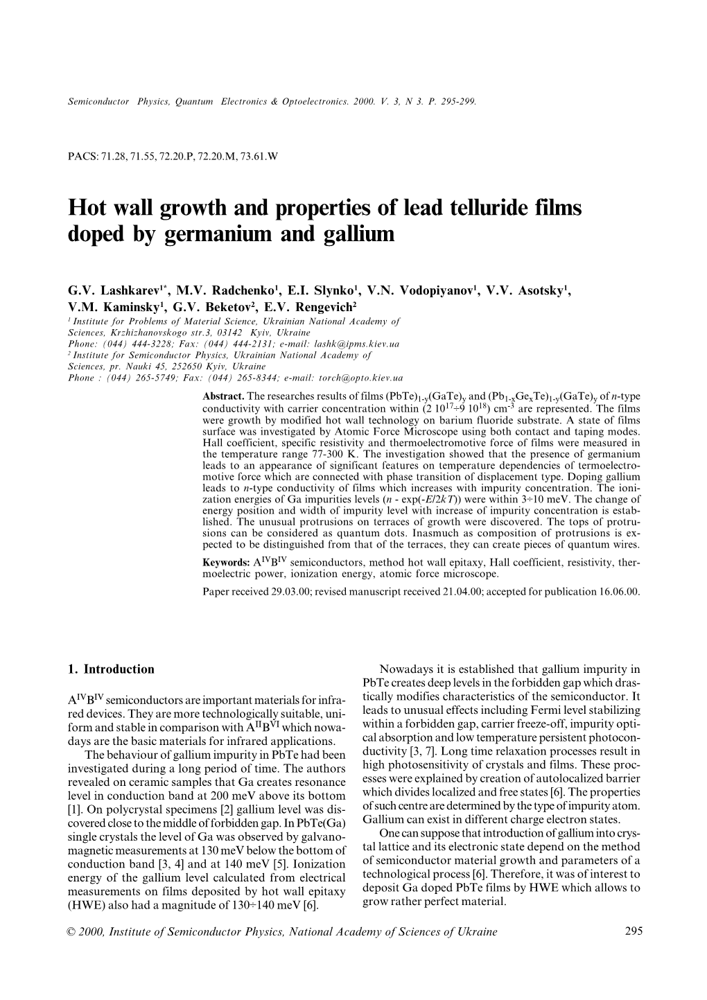 Hot Wall Growth and Properties of Lead Telluride Films Doped by Germanium and Gallium