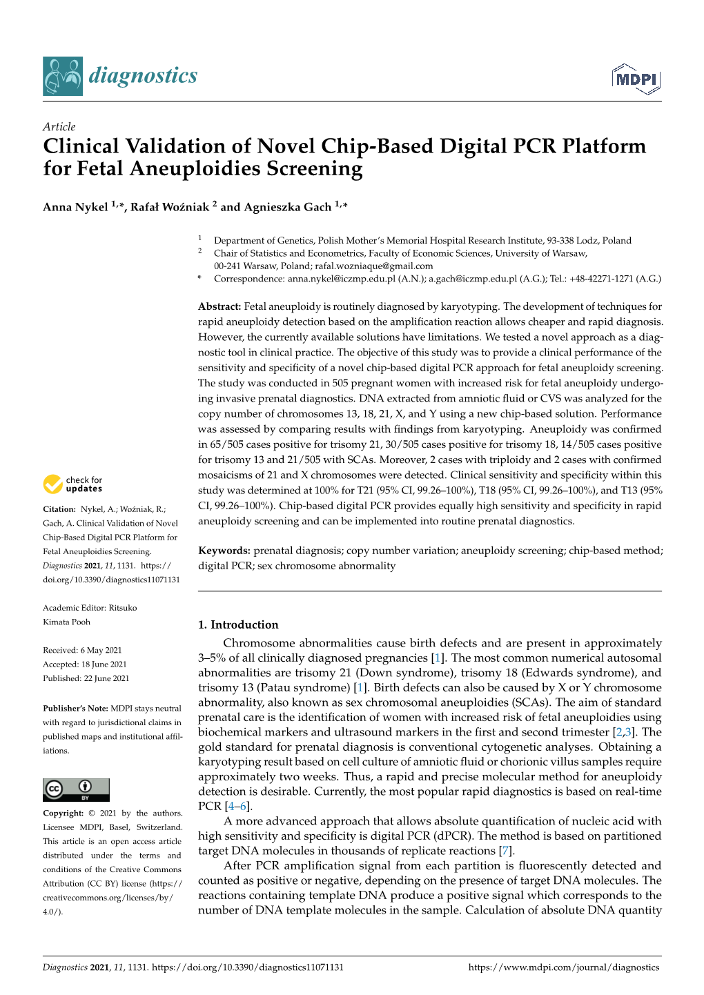 Clinical Validation of Novel Chip-Based Digital PCR Platform for Fetal Aneuploidies Screening