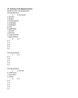 27. Anatomy of the Digestive System Answers to Pre- Lab Assignments Pre-Lab Activity 1: 1