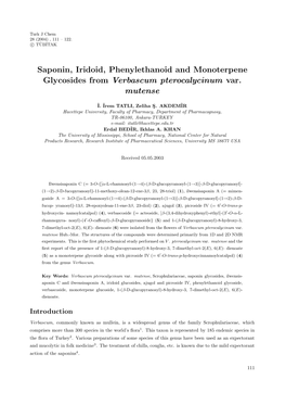 Saponin, Iridoid, Phenylethanoid and Monoterpene Glycosides from Verbascum Pterocalycinum Var