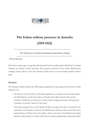 The Italian Military Presence in Anatolia (1919-1922)